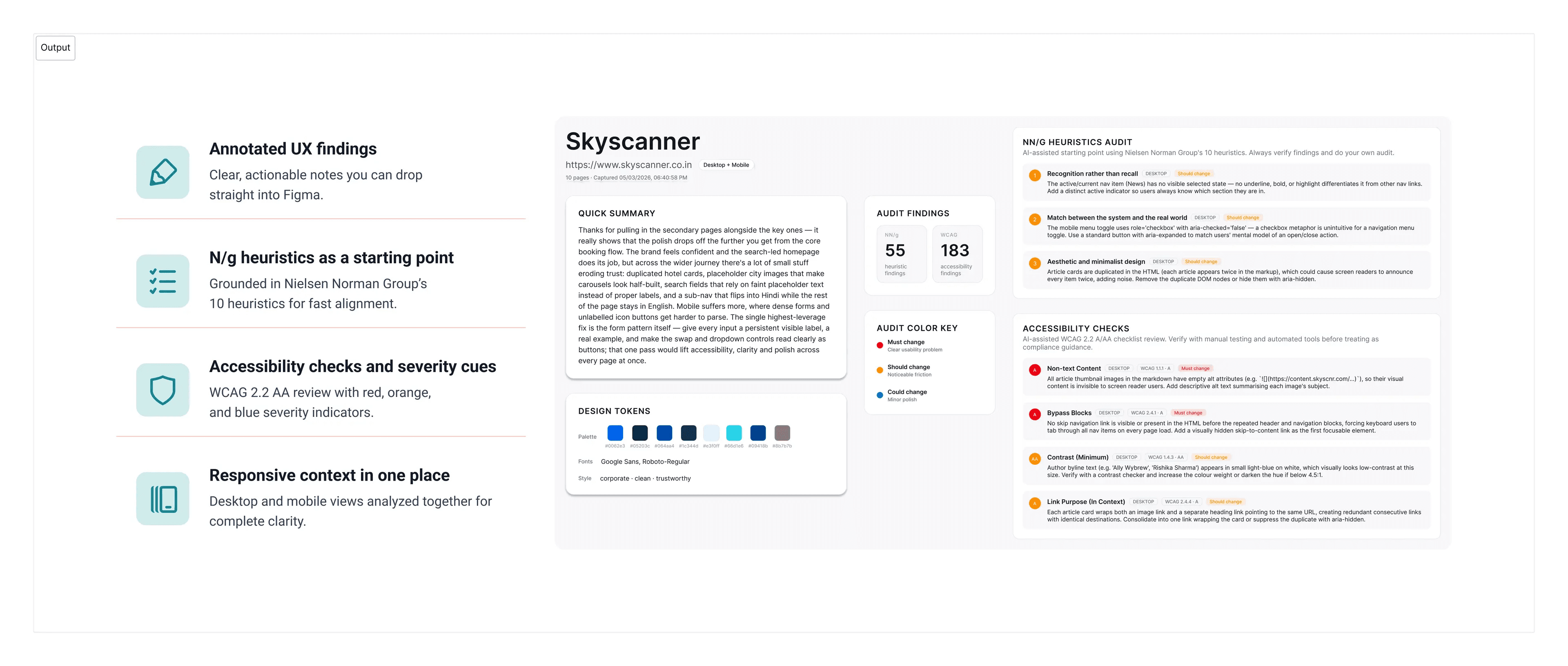 Snap Site output showing annotated UX findings and audit details