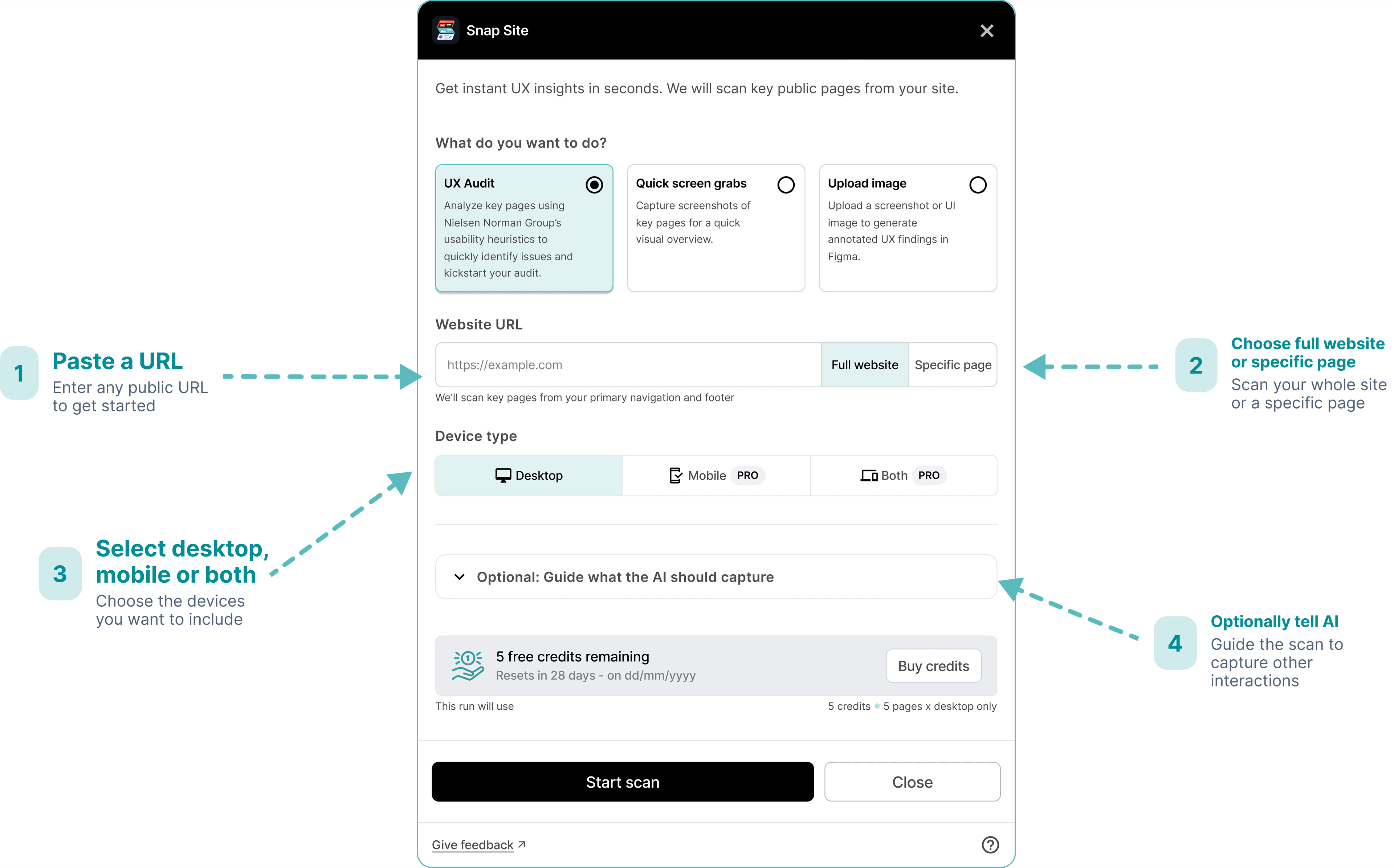 Snap Site step-by-step setup guide with annotated plugin UI
